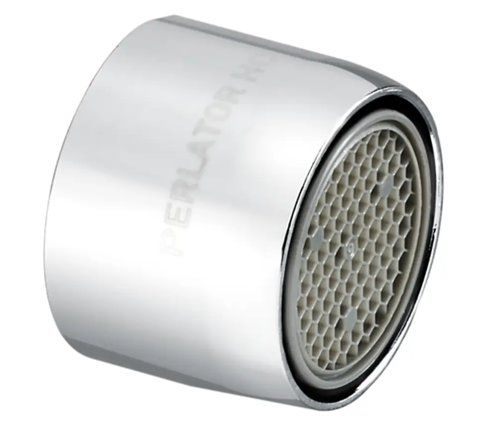Strahlregler in glänzendem Metall mit einem innenliegenden, wabenförmigen Filter. Produkt von Oventrop, geeignet für verschiedene Spülventile.